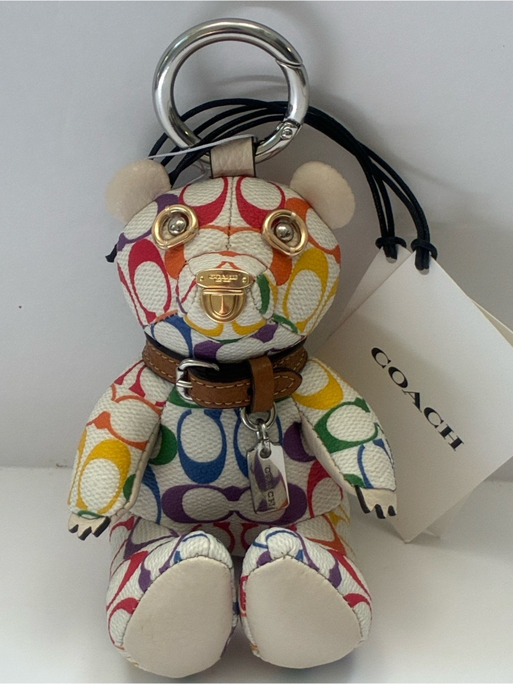 Coach CJ963 Bear Bag Charm In Rainbow Signature C Coated Canvas Keyring NWT - Picture 6 of 12